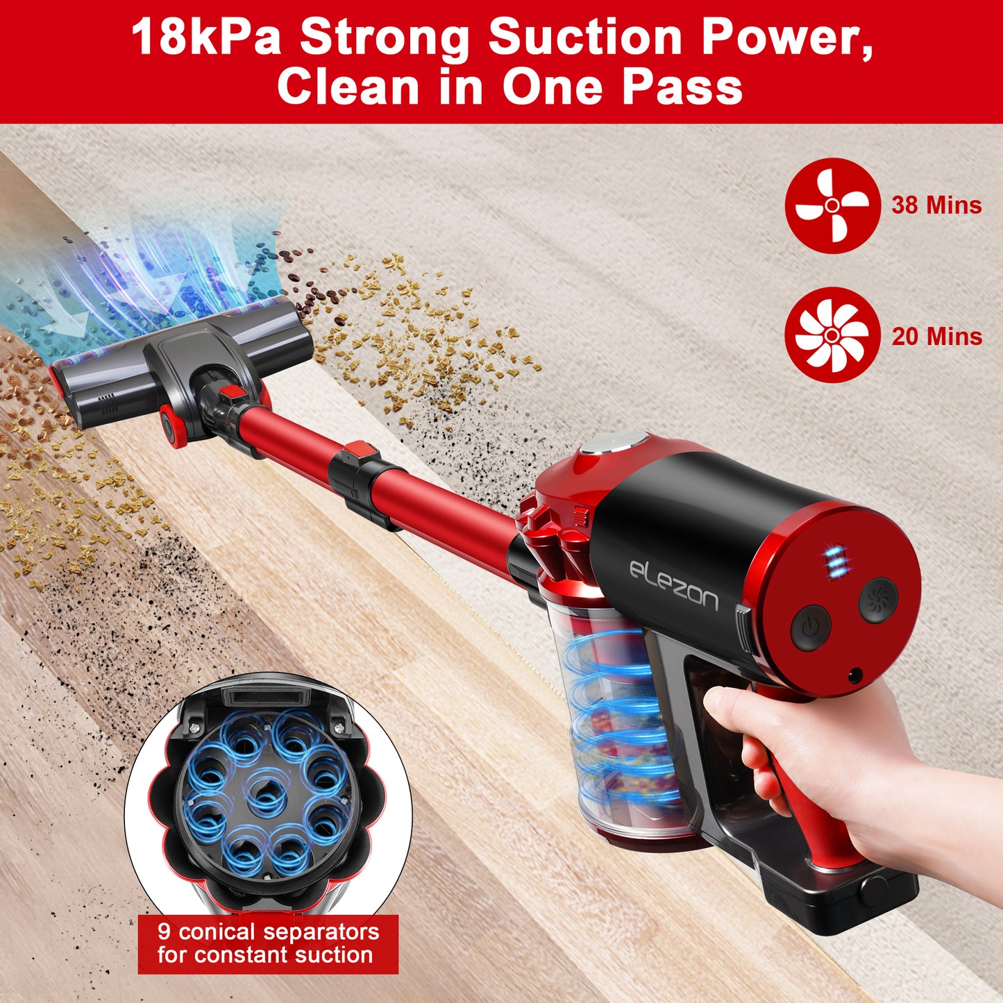 elezon A200 Cordless Stick Vacuum Cleaner, 18KPA Powerful Suction 38Mins Runtime